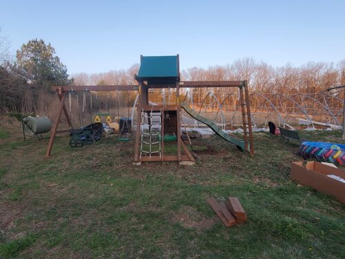 Creative Playthings Northbridge Pack 4 Wooden Swing Set (Made in The USA) for Ages 2 -12 Yrs, with Climbing Wall for Kids, Playground Swings and Slide, Monkey Bars, Tire Swing 22 x 12 x 11ft photo review